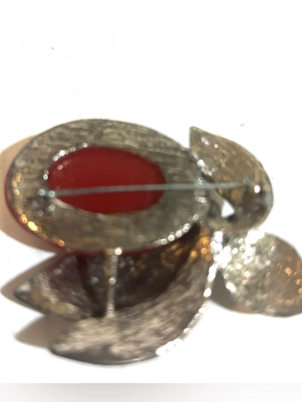 Silver Leaf Red Stone Brooch with Pearl Accent